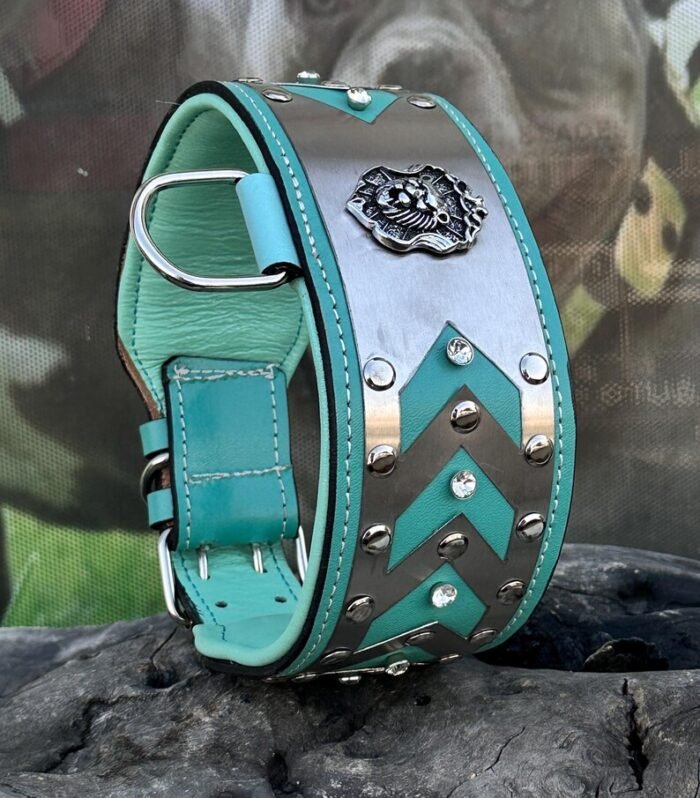 Turquoise Steel Plate Luxury Dog Collar - Handmade Heavy Duty