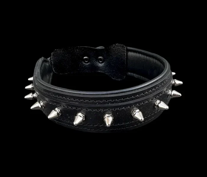 Black Spiked Leather Dog Collar - Handmade Heavy Duty Design