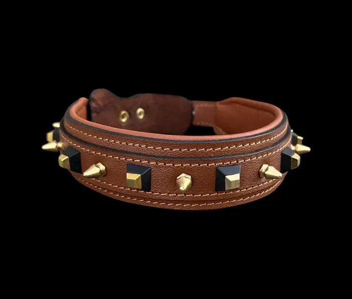 Black Spiked Leather Dog Collar - Handmade Heavy Duty Design