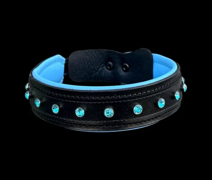 Black-Blue Crystal Wide Leather Dog Collar - Handmade Strong Breed Design