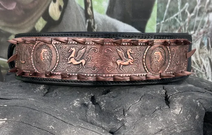 Copper Poseidon & Pegasus Engraved Dog Collar – Heavy Duty Handmade Leather Collar for Large Breeds