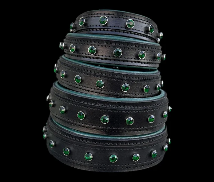 Black Buffalo Leather Dog Collar • Emerald Green Crystal Stones • Handmade