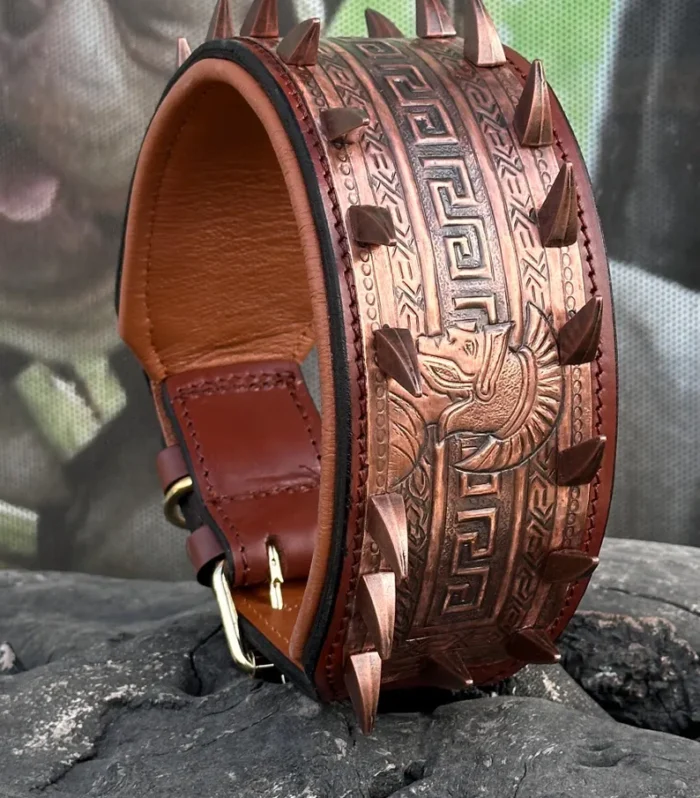 Handmade Copper Engraved Gladiator Dog Collar | Wide Leather Spike Collar for Cane Corso, Kangal -Rose Metal Dog Collar