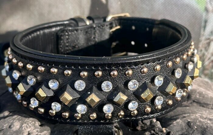 Handmade Crystal Studded Leather Dog Collar | Wide, Heavy Duty