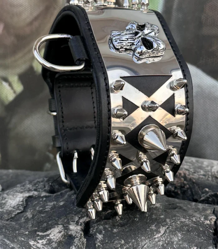 Handmade Punisher Skull Leather Dog Collar | Silver Spiked, Heavy Duty