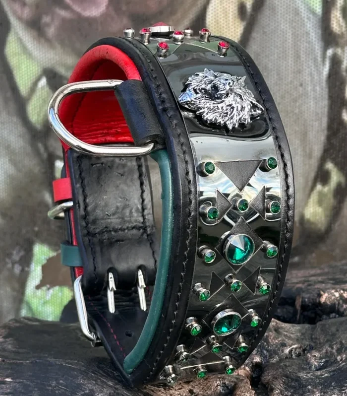 Handmade Leather Dog Collar – Red & Green Crystal, Wolf Emblem