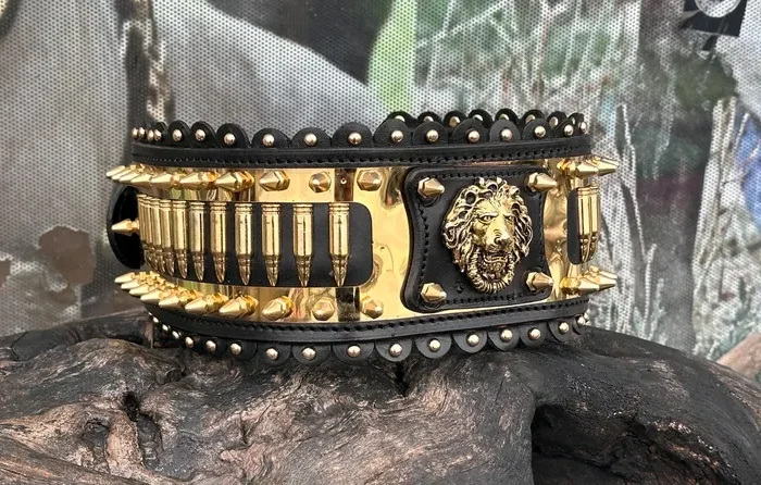 Wide leather dog collar for large breeds 10cm– custom lion emblem luxury collar - riveted dog collar