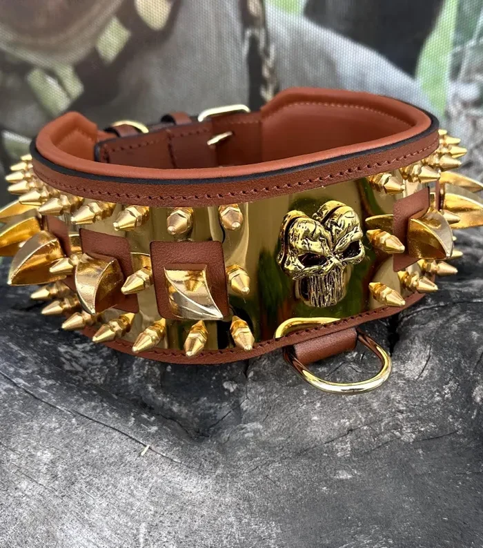 Handmade Punisher Skull Leather Dog Collar | Gold Spiked, Heavy Duty