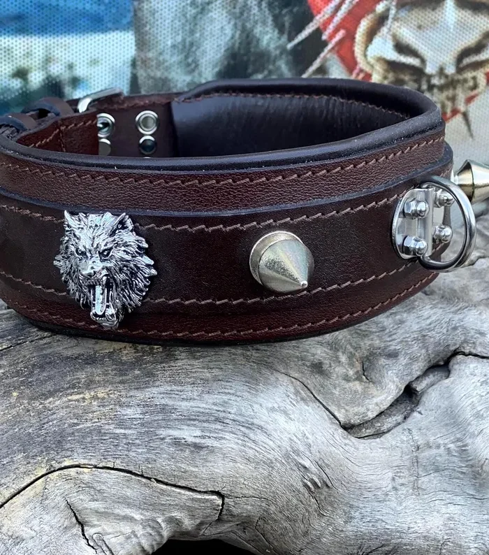 Handmade Leather Dog Collar: Engraved Name Plate, Spiked Wolf Design