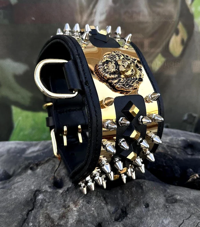 Handmade Leather Dog Collar: Custom Photo Engraved, Spiked Lion Design