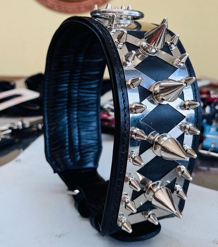 Spiked Buffalo Leather Dog Collar: Steel Plate, Heavy-Duty Protection
