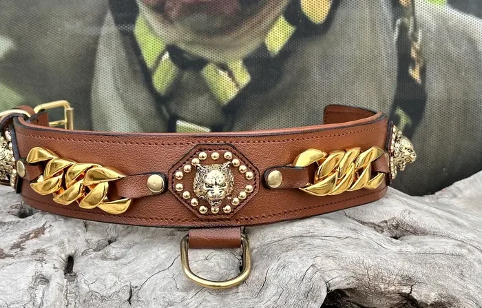 Handmade Leather Chain Dog Collar: Personalized Engraved Name Plate